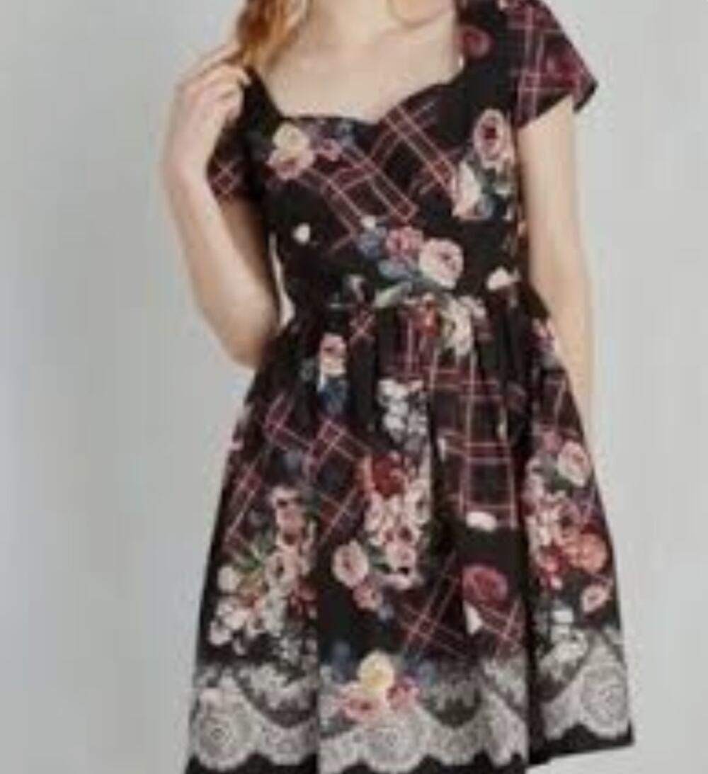 ModCloth Charm Convention Plaid Floral Fit & Flare Dress Sz L Retro Pinup Cotton